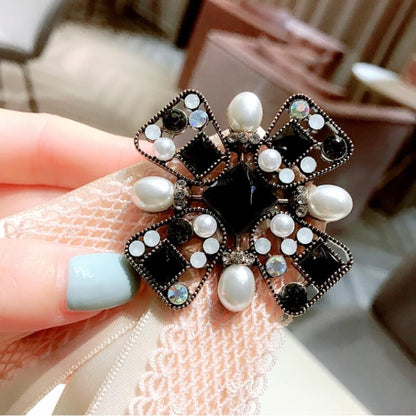 Women Vintage Bow-knot Lace Rhinestone Bow Tie Brooch Collar Accessories(Black) - Tie clip by PMC Jewellery | Online Shopping South Africa | PMC Jewellery