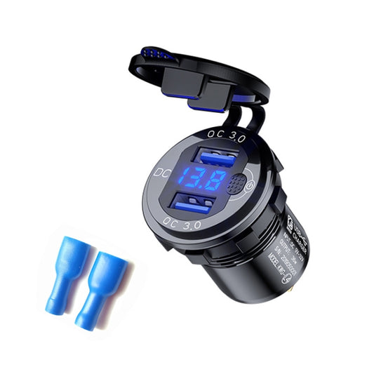 Aluminum Alloy Double QC3.0 Fast Charge With Button Switch Car USB Charger Waterproof Car Charger Specification: Black Shell Blue Light With Terminal - DIY Modified Charger by PMC Jewellery | Online Shopping South Africa | PMC Jewellery
