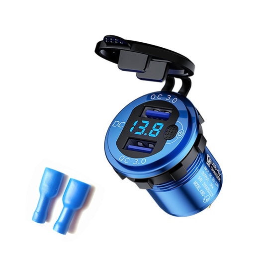 Aluminum Alloy Double QC3.0 Fast Charge With Button Switch Car USB Charger Waterproof Car Charger Specification: Blue Shell Blue Light With Terminal - DIY Modified Charger by PMC Jewellery | Online Shopping South Africa | PMC Jewellery