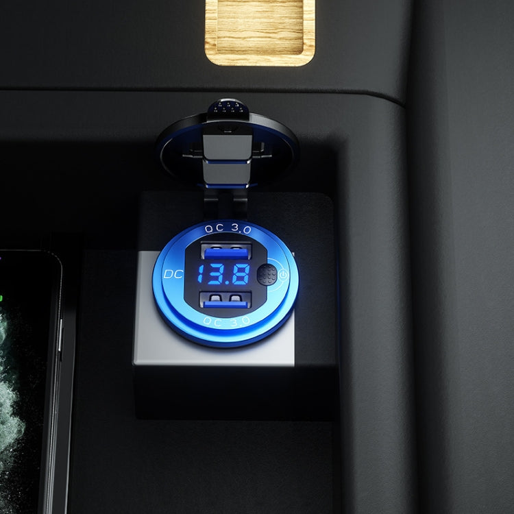 Aluminum Alloy Double QC3.0 Fast Charge With Button Switch Car USB Charger Waterproof Car Charger Specification: Blue Shell Blue Light With Terminal - DIY Modified Charger by PMC Jewellery | Online Shopping South Africa | PMC Jewellery