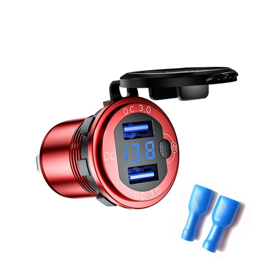 Aluminum Alloy Double QC3.0 Fast Charge With Button Switch Car USB Charger Waterproof Car Charger Specification: Red Shell Blue Light With Terminal - DIY Modified Charger by PMC Jewellery | Online Shopping South Africa | PMC Jewellery
