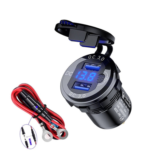 Aluminum Alloy Double QC3.0 Fast Charge With Button Switch Car USB Charger Waterproof Car Charger Specification: Black Shell Blue Light With 60cm Line - DIY Modified Charger by PMC Jewellery | Online Shopping South Africa | PMC Jewellery