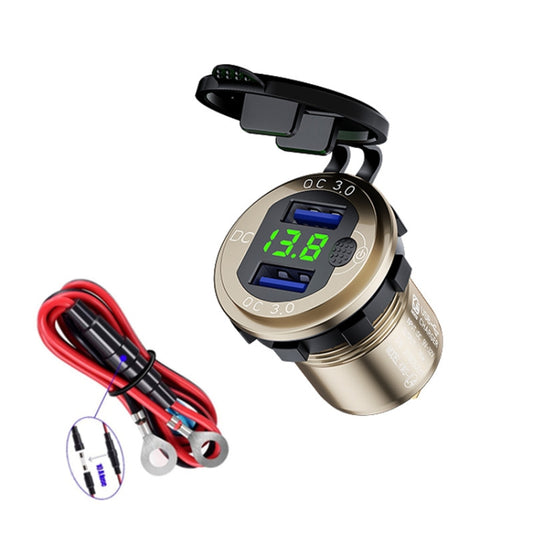 Aluminum Alloy Double QC3.0 Fast Charge With Button Switch Car USB Charger Waterproof Car Charger Specification: Golden Shell Green Light With 60cm Line - DIY Modified Charger by PMC Jewellery | Online Shopping South Africa | PMC Jewellery