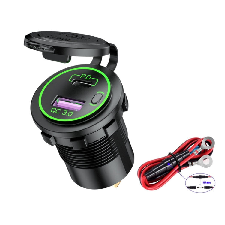 Car Motorcycle Ship Modified USB Charger Waterproof PD + QC3.0 Fast Charge, Model: Green Light With 60cm Line - DIY Modified Charger by PMC Jewellery | Online Shopping South Africa | PMC Jewellery