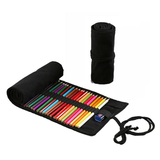 72 Holes  Pure Black Handmade Canvas Roll Pen Bag Large Capacity Boy And Girl Sketch Color Pencil Curtain - Pen Holder by PMC Jewellery | Online Shopping South Africa | PMC Jewellery