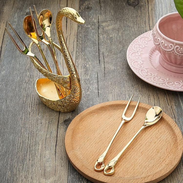 Swan Fruit Fork And Spoon Set Dessert Fork Fruit Fork Rack Tableware Wedding Gift, Colour: Golden Stripe With 6 Spoons - Cutlery Sets by PMC Jewellery | Online Shopping South Africa | PMC Jewellery