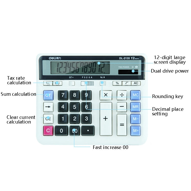 Deli 2135 Computer Keyboard Calculator Big Button Bank Office Finance Accounting Solar Calculator(White) - free shipping - PMC TechLife - Order now!