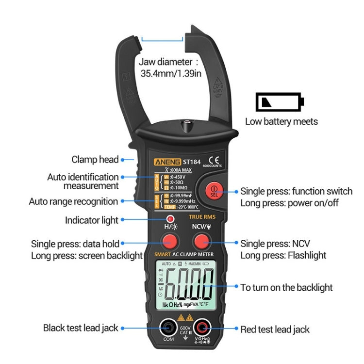 ANENG ST184 Automatically Identify Clamp-On Smart Digital Multimeter(Yellow) - Digital Multimeter by ANENG | Online Shopping South Africa | PMC Jewellery | Buy Now Pay Later Mobicred