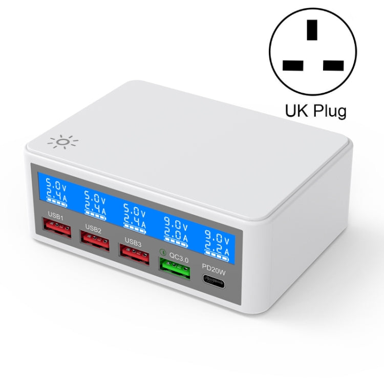 618 QC3.0 + PD20W + 3 x USB Ports Charger with Smart LCD Display, UK Plug (White) - Multifunction Charger by PMC Jewellery | Online Shopping South Africa | PMC Jewellery