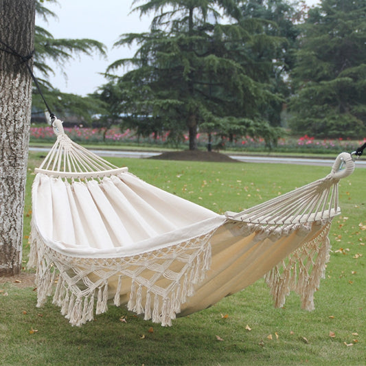 200x150cm Double Outdoor Camping Tassel Canvas Hammock with Stick(White) - Hammocks by PMC Jewellery | Online Shopping South Africa | PMC Jewellery | Buy Now Pay Later Mobicred