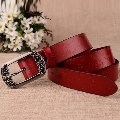 ZK--067 Retro Engraved Buckle Butterfly Print Pin Buckle Leather Belt, Length: 110cm(White) - Belts by PMC Jewellery | Online Shopping South Africa | PMC Jewellery