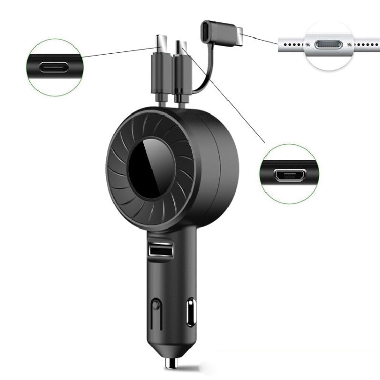 3 In 1 USB Dual Cable Single Pull Retractable Car Charger(Black) - Car Charger by PMC TechLife | Online Shopping South Africa | PMC TechLife