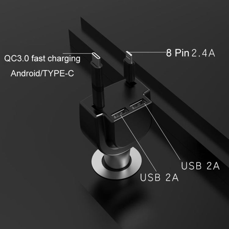 3 In 1 3.1A Dual USB Single Pull Retractable Fast QC3.0 Car Charger(Black) - Car Charger by PMC Jewellery | Online Shopping South Africa | PMC Jewellery