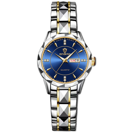 BINBOND B5552 Luminous Multifunctional Business Calendar Quartz Watch(Female-Inter-gold-Blue) - Metal Strap Watches by BINBOND | Online Shopping South Africa | PMC Jewellery | Buy Now Pay Later Mobicred