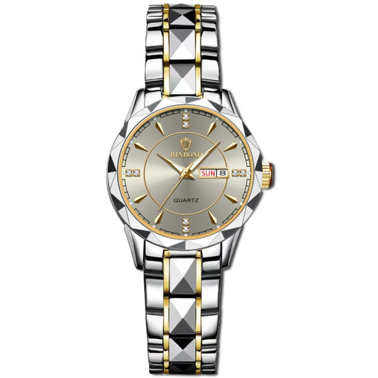 BINBOND B5552 Luminous Multifunctional Business Calendar Quartz Watch(Female-Inter-gold-Gray) - Metal Strap Watches by BINBOND | Online Shopping South Africa | PMC Jewellery | Buy Now Pay Later Mobicred