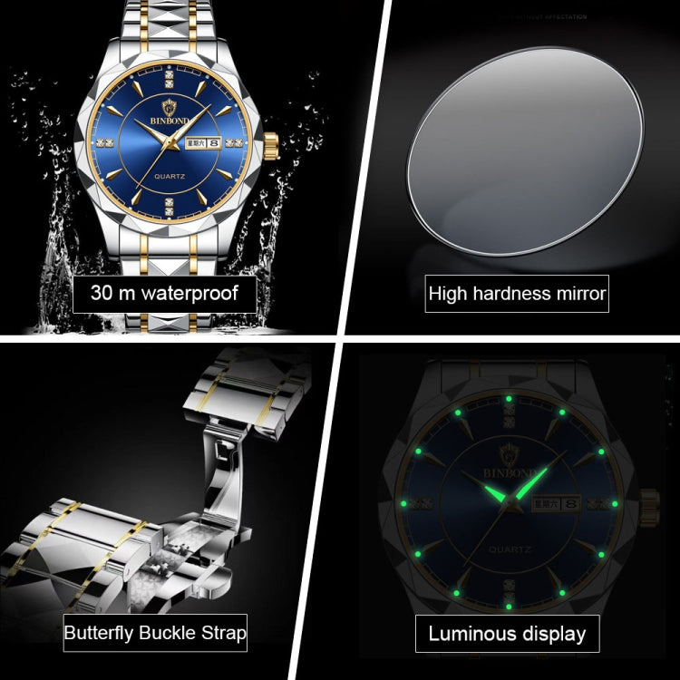 BINBOND B5552 Luminous Multifunctional Business Calendar Quartz Watch(Female-Inter-gold-Blue) - Metal Strap Watches by BINBOND | Online Shopping South Africa | PMC Jewellery | Buy Now Pay Later Mobicred