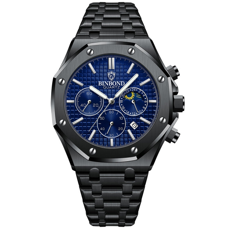 BINBOND B0161 Multifunctional Luminous Waterproof Business Quartz Watch, Color: Black Steel-Blue - Metal Strap Watches by BINBOND | Online Shopping South Africa | PMC Jewellery | Buy Now Pay Later Mobicred