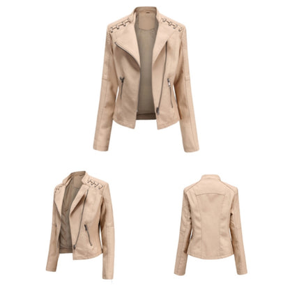 Women Short Leather Jacket Slim Jacket Motorcycle Suit, Size: XXL(Khaki) - Jacket & Loose Coat by PMC Jewellery | Online Shopping South Africa | PMC Jewellery