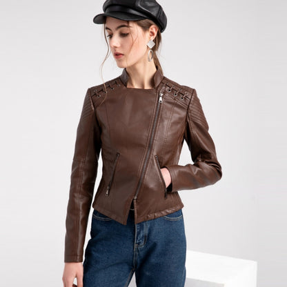 Women Short Leather Jacket Slim Jacket Motorcycle Suit, Size: XXL(Khaki) - Jacket & Loose Coat by PMC Jewellery | Online Shopping South Africa | PMC Jewellery