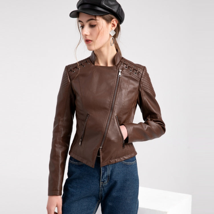 Women Short Leather Jacket Slim Jacket Motorcycle Suit, Size: XXL(Camel) - Jacket & Loose Coat by PMC Jewellery | Online Shopping South Africa | PMC Jewellery