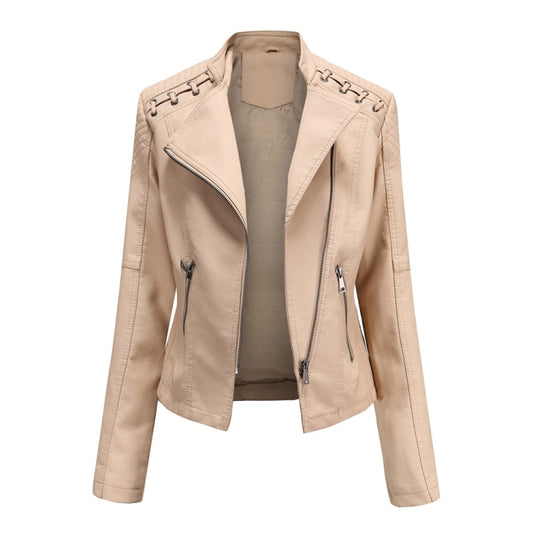 Women Short Leather Jacket Slim Jacket Motorcycle Suit, Size: M(Khaki) - Jacket & Loose Coat by PMC Jewellery | Online Shopping South Africa | PMC Jewellery