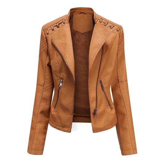 Women Short Leather Jacket Slim Jacket Motorcycle Suit, Size: M(Camel) - Jacket & Loose Coat by PMC Jewellery | Online Shopping South Africa | PMC Jewellery