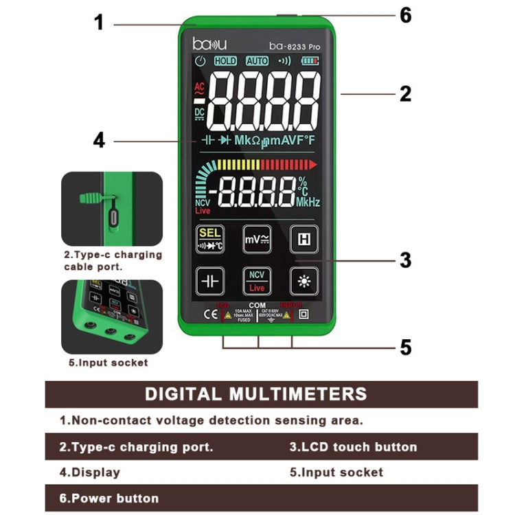 BAKU BA-8233 Pro Electric Maintenance Resistor Current Touch Screen Digital Mulitmeter(Green) - Digital Multimeter by BAKU | Online Shopping South Africa | PMC Jewellery | Buy Now Pay Later Mobicred