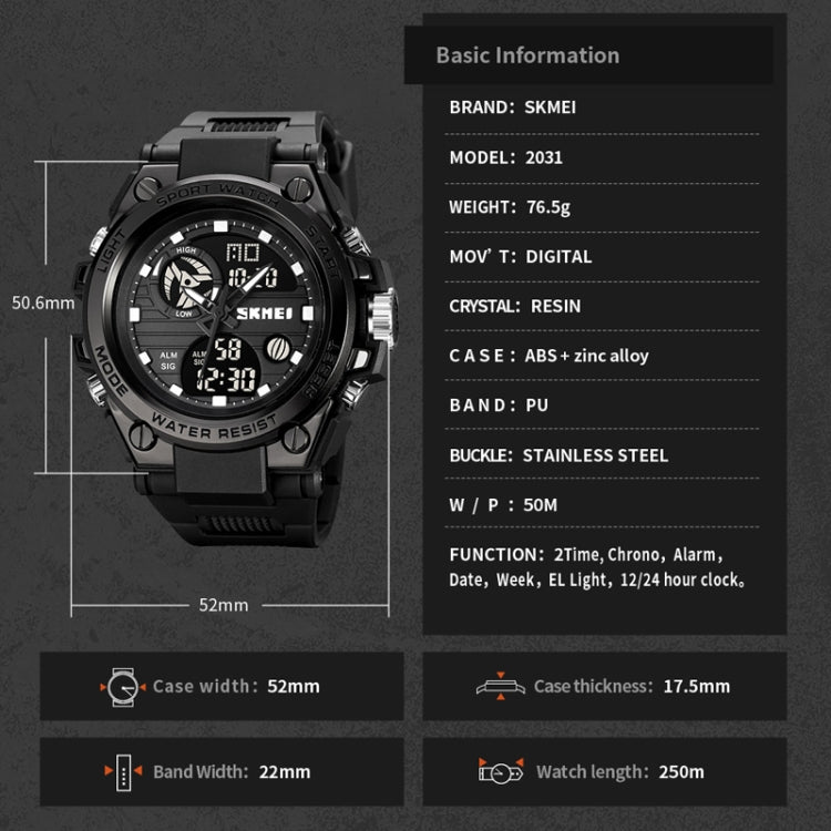 SKMEI 2031 Multifunctional Outdoor Waterproof Chronograph Men Sports Watch(Silver) - Silicone Strap Watches by SKMEI | Online Shopping South Africa | PMC Jewellery | Buy Now Pay Later Mobicred