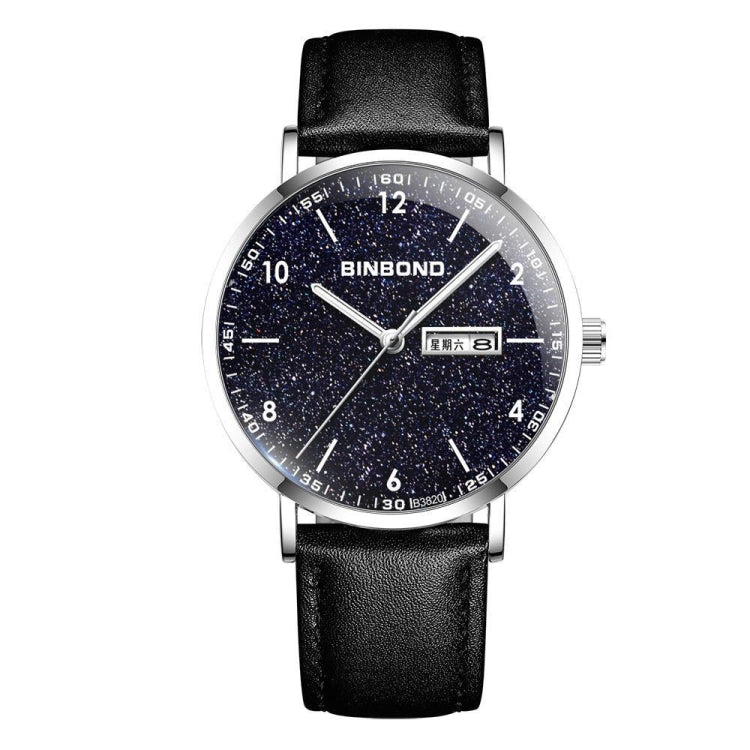 BINBOND B3820 30M Waterproof Ultra-thin Quartz Luminous Starry Watch, Color: Black Leather-White-Starry - Metal Strap Watches by BINBOND | Online Shopping South Africa | PMC Jewellery | Buy Now Pay Later Mobicred