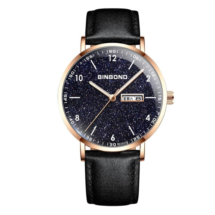 BINBOND B3820 30M Waterproof Ultra-thin Quartz Luminous Starry Watch, Color: Black Leather-Rose Gold-Starry - Metal Strap Watches by BINBOND | Online Shopping South Africa | PMC Jewellery | Buy Now Pay Later Mobicred