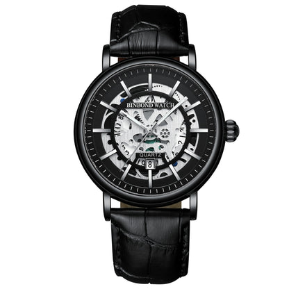 BINBOND B7872 Multifunctional Hollow Luminous Waterproof Quartz Watch, Color: Black Leather-Black-Black - Leather Strap Watches by BINBOND | Online Shopping South Africa | PMC Jewellery | Buy Now Pay Later Mobicred