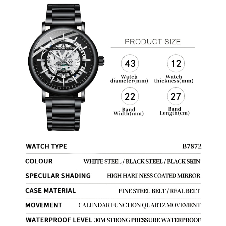 BINBOND B7872 Multifunctional Hollow Luminous Waterproof Quartz Watch, Color: Black Leather-Black-Black - Leather Strap Watches by BINBOND | Online Shopping South Africa | PMC Jewellery | Buy Now Pay Later Mobicred