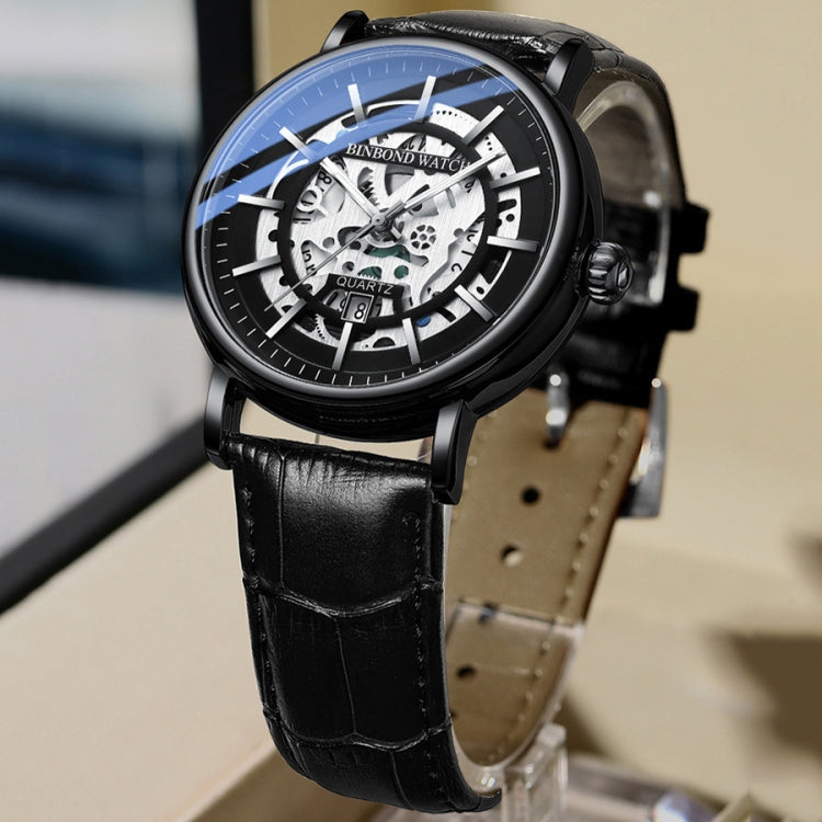 BINBOND B7872 Multifunctional Hollow Luminous Waterproof Quartz Watch, Color: Black Leather-Black-Black - Leather Strap Watches by BINBOND | Online Shopping South Africa | PMC Jewellery | Buy Now Pay Later Mobicred