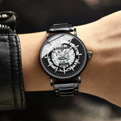 BINBOND B7872 Multifunctional Hollow Luminous Waterproof Quartz Watch, Color: Black Leather-Black-Black - Leather Strap Watches by BINBOND | Online Shopping South Africa | PMC Jewellery | Buy Now Pay Later Mobicred