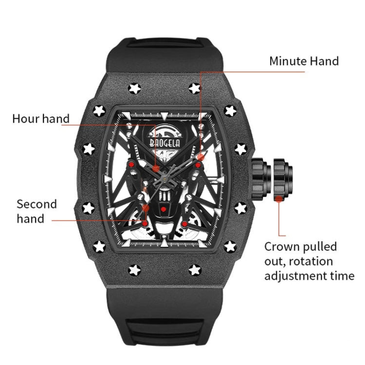 BAOGELA 224145 Barrel Skeleton Waterproof Sports Stainless Steel Silicone Men Watch(Black Shell Black Belt) - Silicone Strap Watches by BAOGELA | Online Shopping South Africa | PMC Jewellery