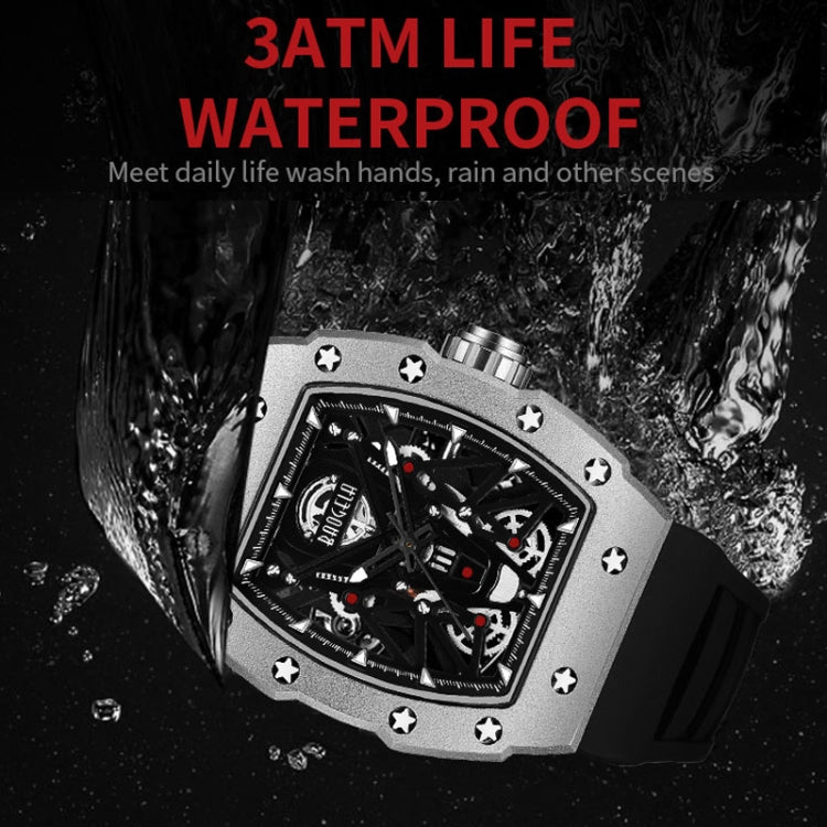 BAOGELA 224145 Barrel Skeleton Waterproof Sports Stainless Steel Silicone Men Watch(Black Shell Red Belt) - Silicone Strap Watches by BAOGELA | Online Shopping South Africa | PMC Jewellery