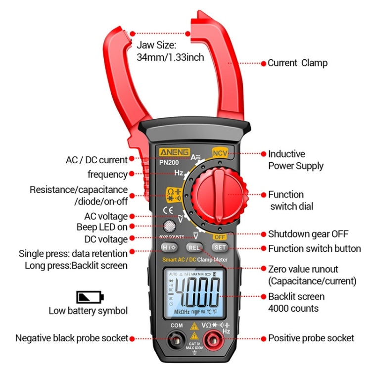 ANENG PN200 AC/DC Measurement High Precision Multifunctional Clamp Meter(Red) - free shipping - PMC TechLife - Order now!
