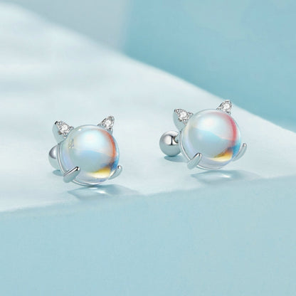 Sterling Silver S925 Moonstone Cute Cat Earrings - Stud Earrings & Earrings by PMC Jewellery | Online Shopping South Africa | PMC Jewellery