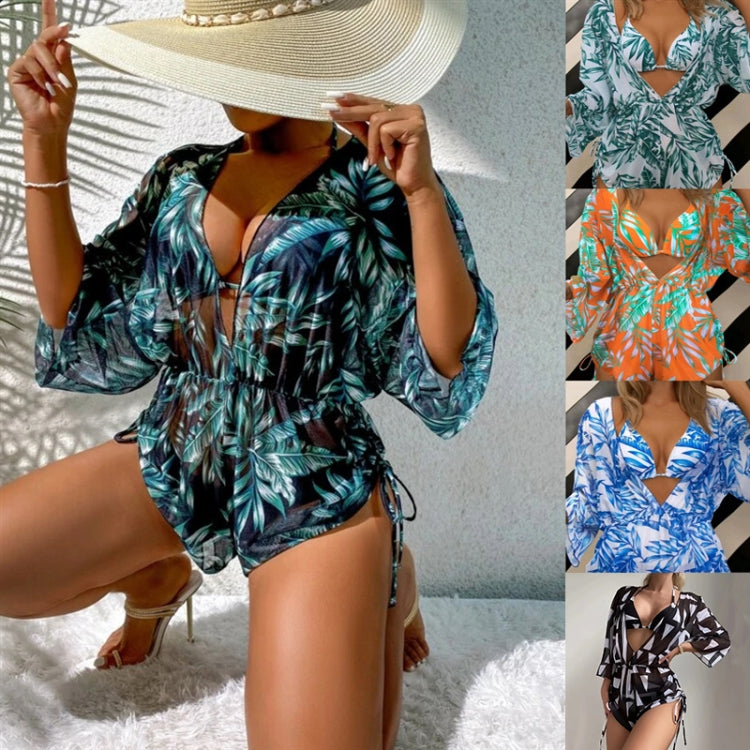 Leaf-print Waist Lace-up Three-Piece Bikini Set Long-sleeved Beach Sun Protection Swimsuit, Size: M(Light Leaf) - Swimwear by PMC Jewellery | Online Shopping South Africa | PMC Jewellery