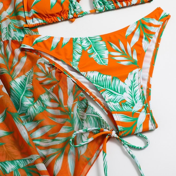 Leaf-print Waist Lace-up Three-Piece Bikini Set Long-sleeved Beach Sun Protection Swimsuit, Size: L(Orange) - Swimwear by PMC Jewellery | Online Shopping South Africa | PMC Jewellery