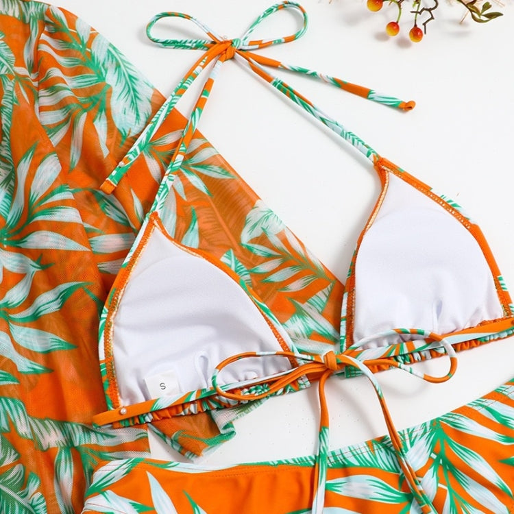 Leaf-print Waist Lace-up Three-Piece Bikini Set Long-sleeved Beach Sun Protection Swimsuit, Size: L(Light Leaf) - Swimwear by PMC Jewellery | Online Shopping South Africa | PMC Jewellery