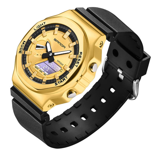 SANDA Octagonal Oak Hand Lamp Waterproof Sports Alarm Clock Men Watch(Black Gold) - Silicone Strap Watches by SANDA | Online Shopping South Africa | PMC Jewellery