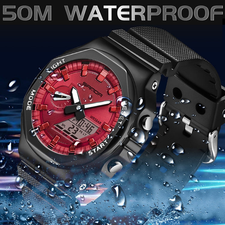 SANDA Octagonal Oak Hand Lamp Waterproof Sports Alarm Clock Men Watch(Black Red) - Silicone Strap Watches by SANDA | Online Shopping South Africa | PMC Jewellery