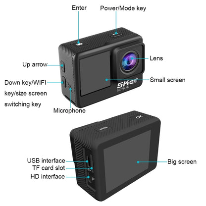 5K/30FPS WIFI HD Anti-Shake Remote Touch Dual-Screen IP68 Waterproof Sports Camera, Style: Camera + 64G Card - Other Camera by PMC Jewellery | Online Shopping South Africa | PMC Jewellery