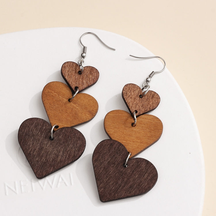 5pairs Wooden Carved Heart Shape Stitching Long Earrings(1) - Stud Earrings & Earrings by PMC Jewellery | Online Shopping South Africa | PMC Jewellery