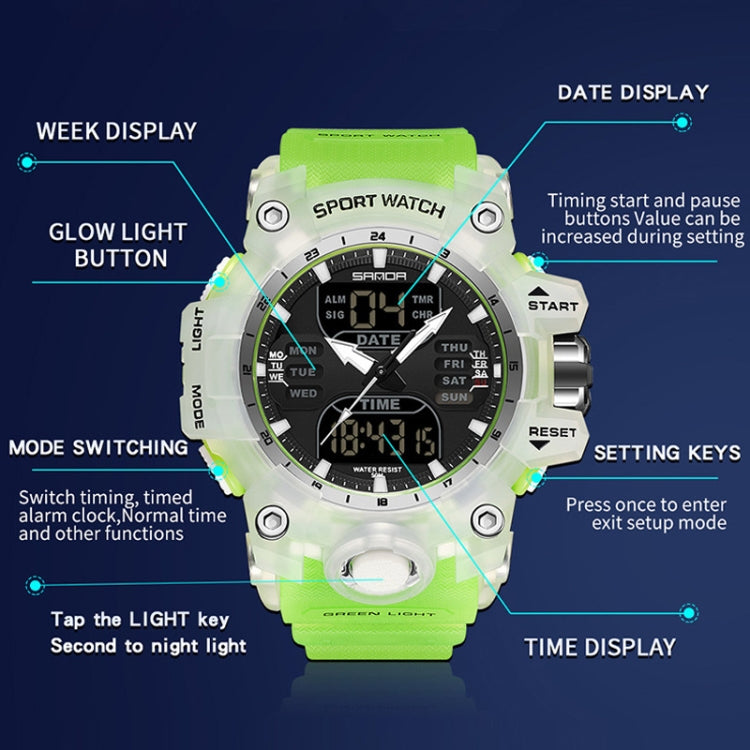 SANDA Green Light Alarm Clock Multifunctional Waterproof Shockproof Transparent Watch(Transparent Green) - Silicone Strap Watches by SANDA | Online Shopping South Africa | PMC Jewellery