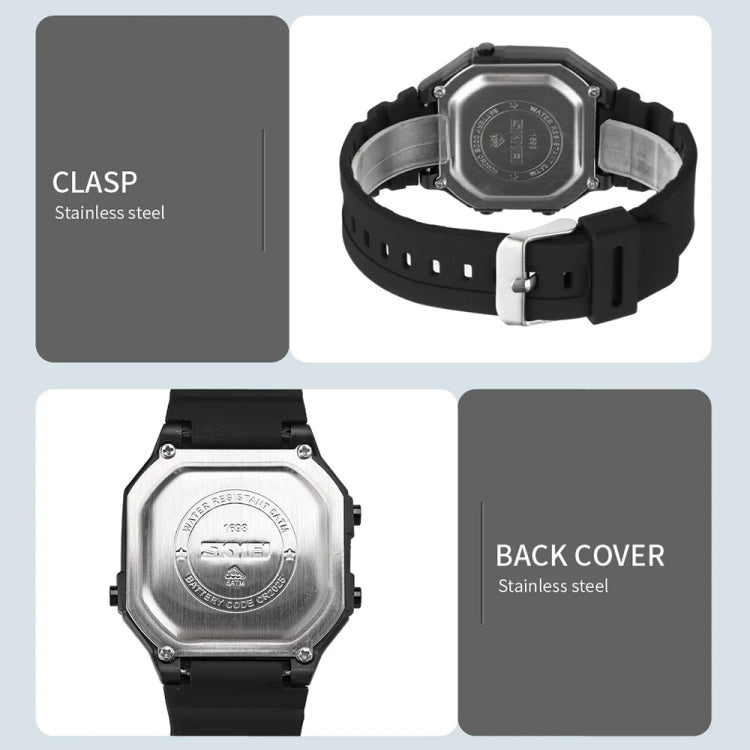 SKMEI 1698 50m Waterproof Multifunctional Sports Square Pin Buckle Luminous Digital Watch(Black Black) - Silicone Strap Watches by SKMEI | Online Shopping South Africa | PMC Jewellery | Buy Now Pay Later Mobicred