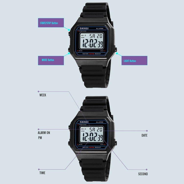 SKMEI 1698 50m Waterproof Multifunctional Sports Square Pin Buckle Luminous Digital Watch(Black Black) - Silicone Strap Watches by SKMEI | Online Shopping South Africa | PMC Jewellery | Buy Now Pay Later Mobicred