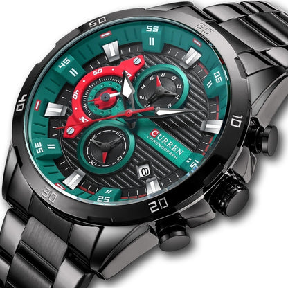 Curren 8402 Calendar Six-Hand Steel Strap Business Quartz Watch, Color: Black Shell Green - Metal Strap Watches by Curren | Online Shopping South Africa | PMC Jewellery | Buy Now Pay Later Mobicred