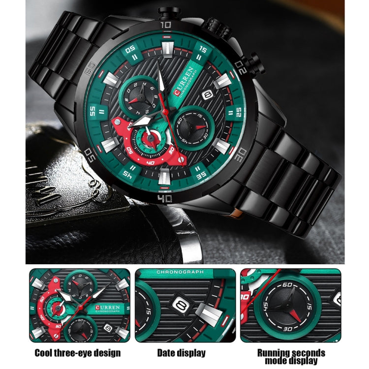 Curren 8402 Calendar Six-Hand Steel Strap Business Quartz Watch, Color: Black Shell Green - Metal Strap Watches by Curren | Online Shopping South Africa | PMC Jewellery | Buy Now Pay Later Mobicred